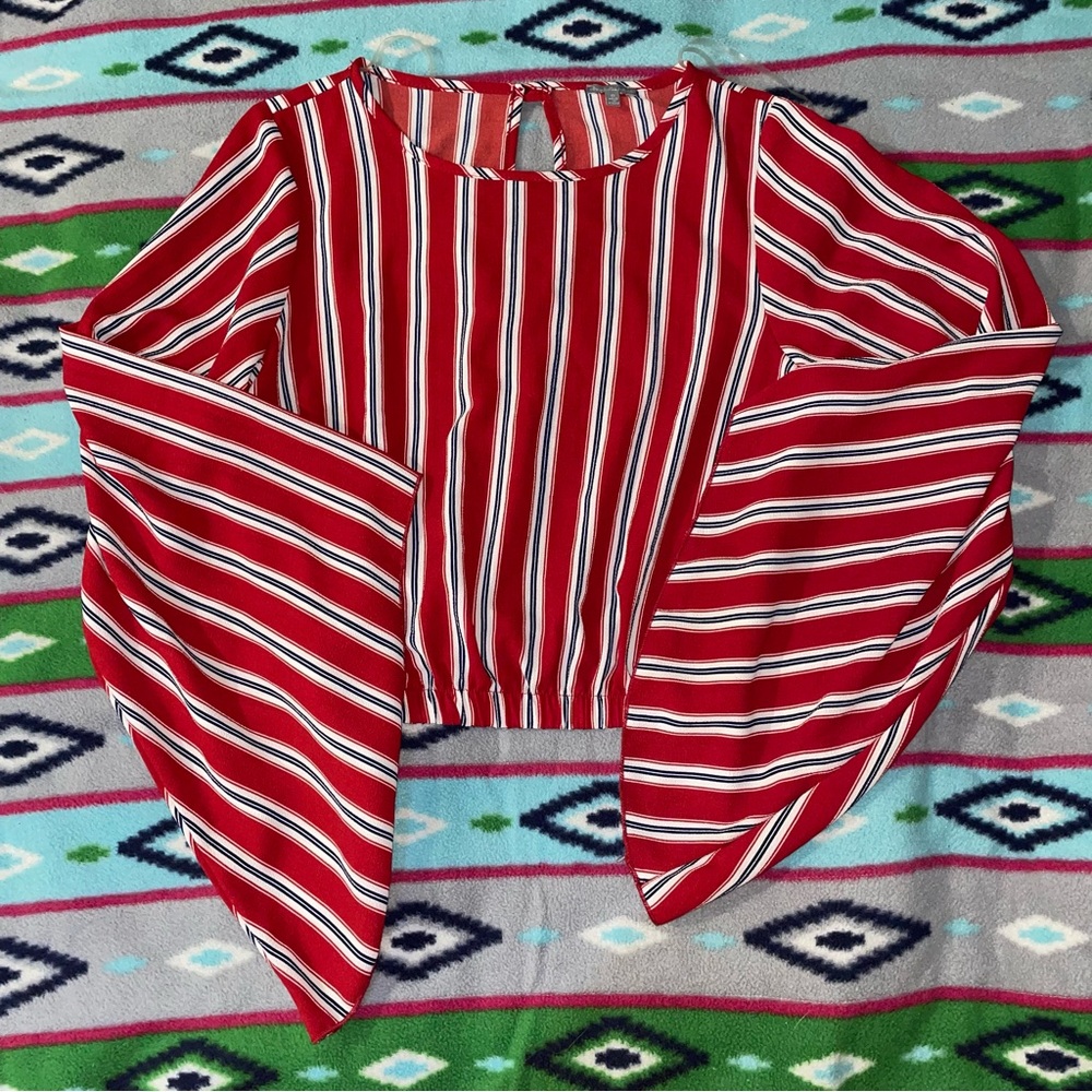 Red white navy pinstripe crop top flare arms